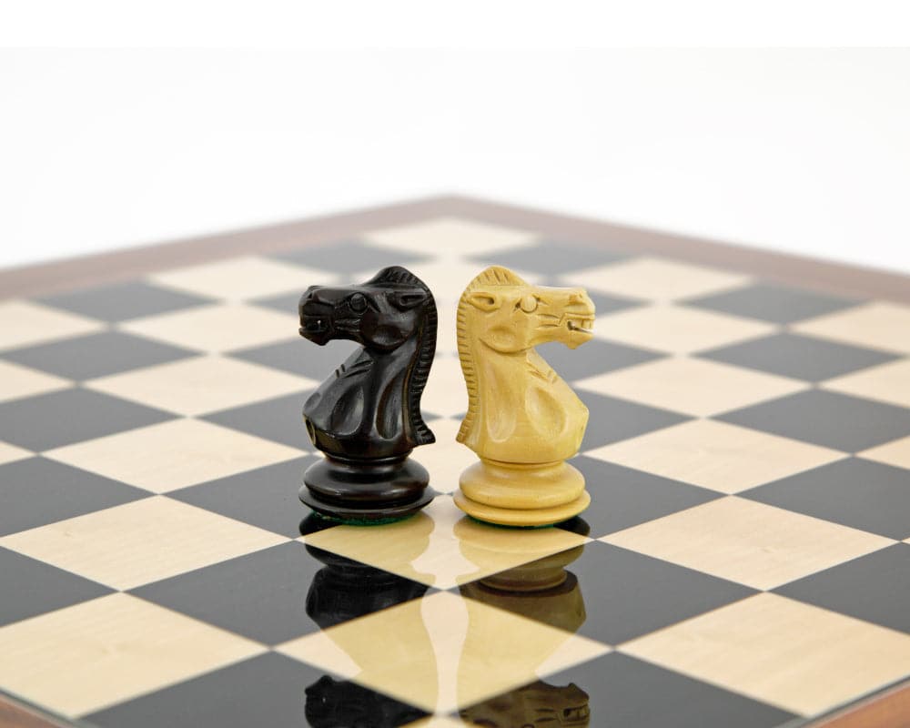 Black and white knight chess pieces on a chessboard.