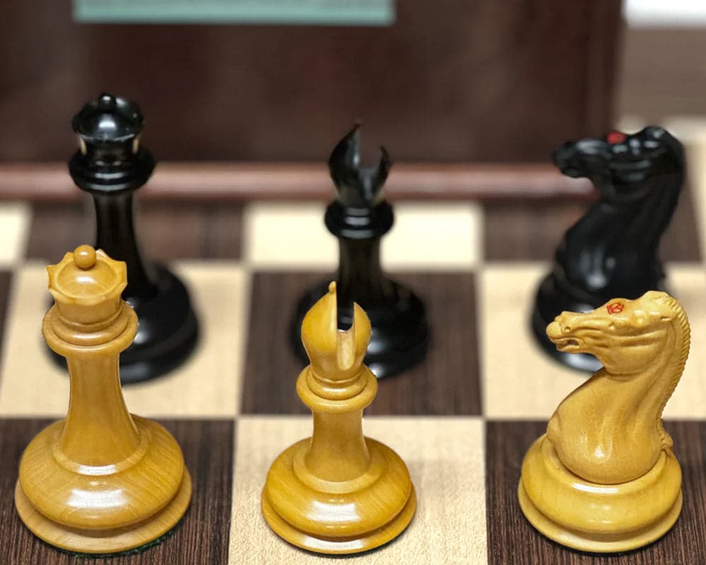 1850 London Exact Replica 3.5 Inch Ebony Chess Men with Case on Chess Board