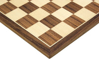 Close-up of high-quality walnut chess board from Down Head Knight Academy Medium Chess Set, showcasing rich wood grains.