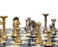 Blue Metropolis Chess Set with solid Brass and Nickel plated Brass pieces on a modern chess board designed by Italian artisans.