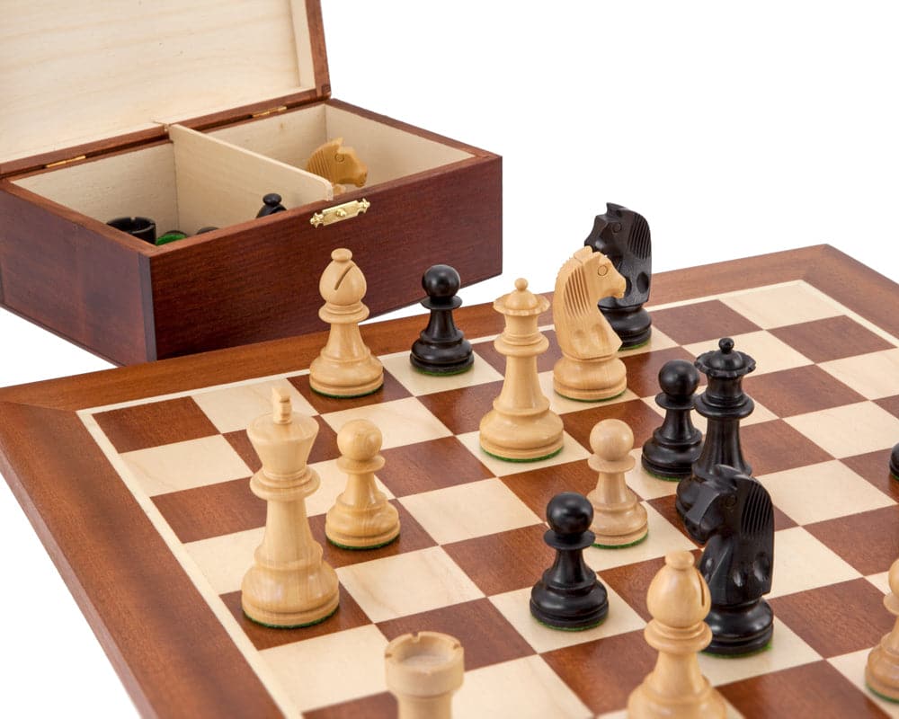 Down Head Black Championship Chess Set on 16 inch European Mahogany and Maple board with storage box.