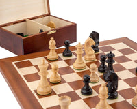 Down Head Black Championship Chess Set on 16 inch European Mahogany and Maple board with storage box.