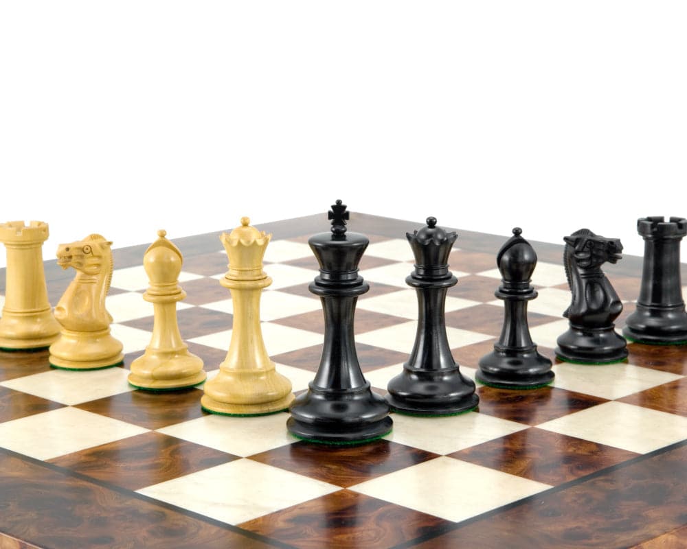 Old English Elite Ebony and Briar Luxury Chess Set on lacquered briarwood and elm veneer board, handmade in Italy.