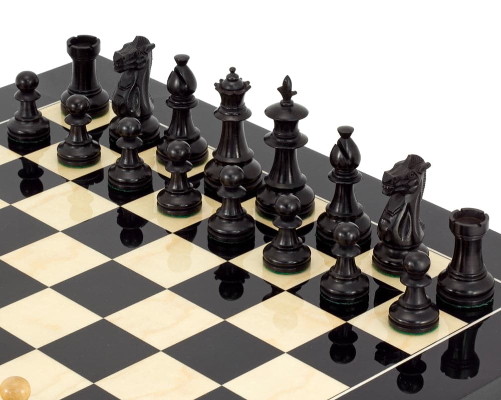 Black Flower Chess Set with Handcrafted Staunton Pieces on Glossy Black Anegro Chessboard