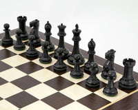 Ebonised Victoria tournament chess pieces on Wenge and Birch wood board.