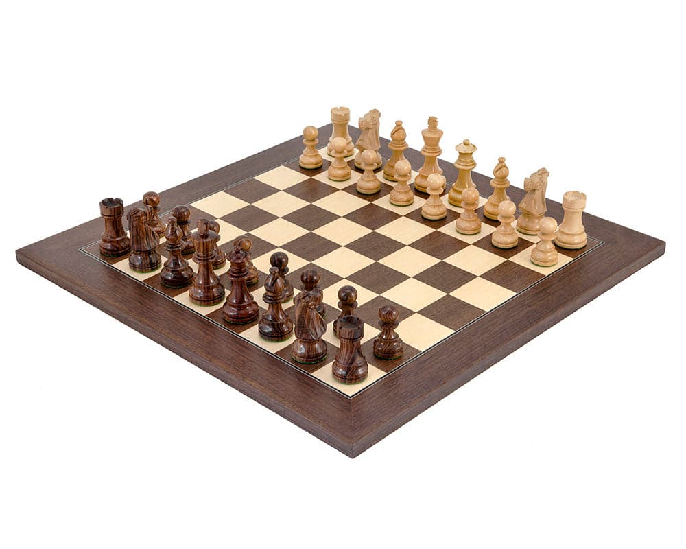 French Knight Montgoy Rosewood Chess Set with Staunton design pieces on a luxurious chess board featuring distinctive grain detail