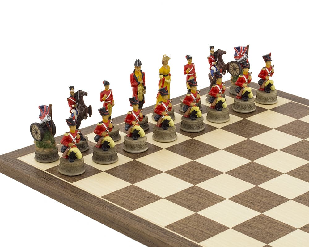 Battle of Waterloo chess set by Italfama depicting British army figures on an ornate Spanish board. Hand painted, 3.25 inch king.
