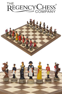 Battle of Waterloo hand painted themed chess set by Italfama with Bonaparte and Wellington pieces on a beautiful Spanish board