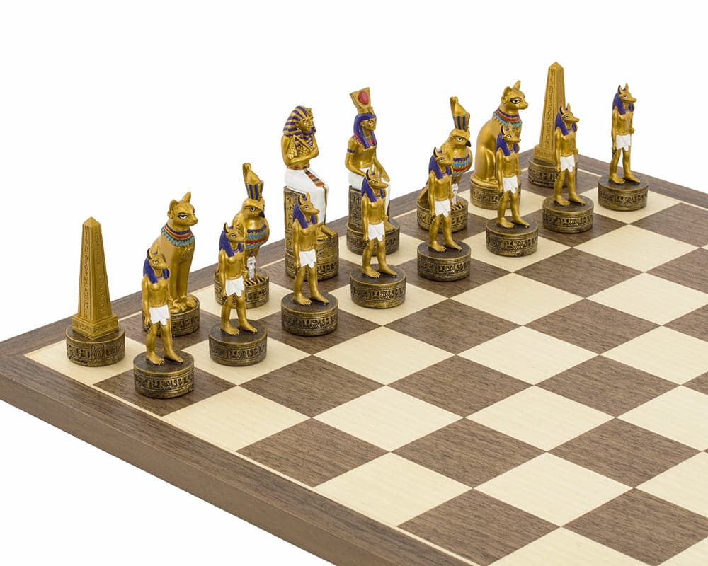 Ancient Egypt hand-painted chess set by Italfama with gold pieces on a walnut and maple board
