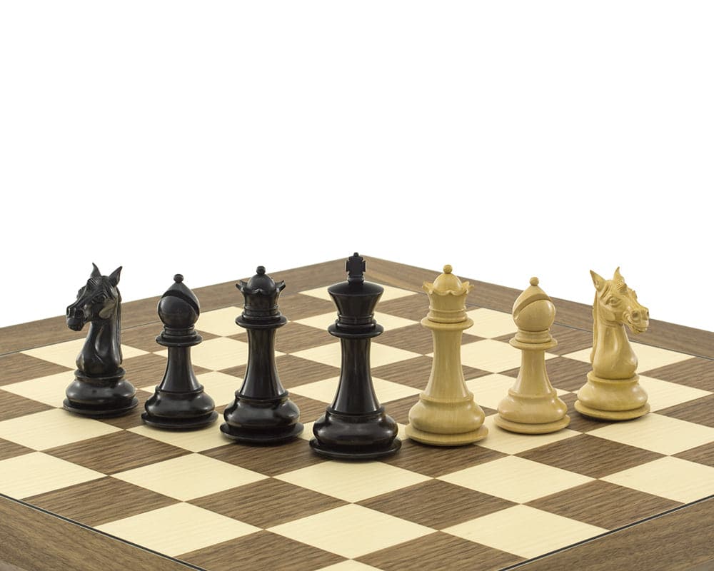 Columbus Ebony and Walnut Chess Set on 21.7 inch walnut and maple board with ornately designed Staunton chess pieces.