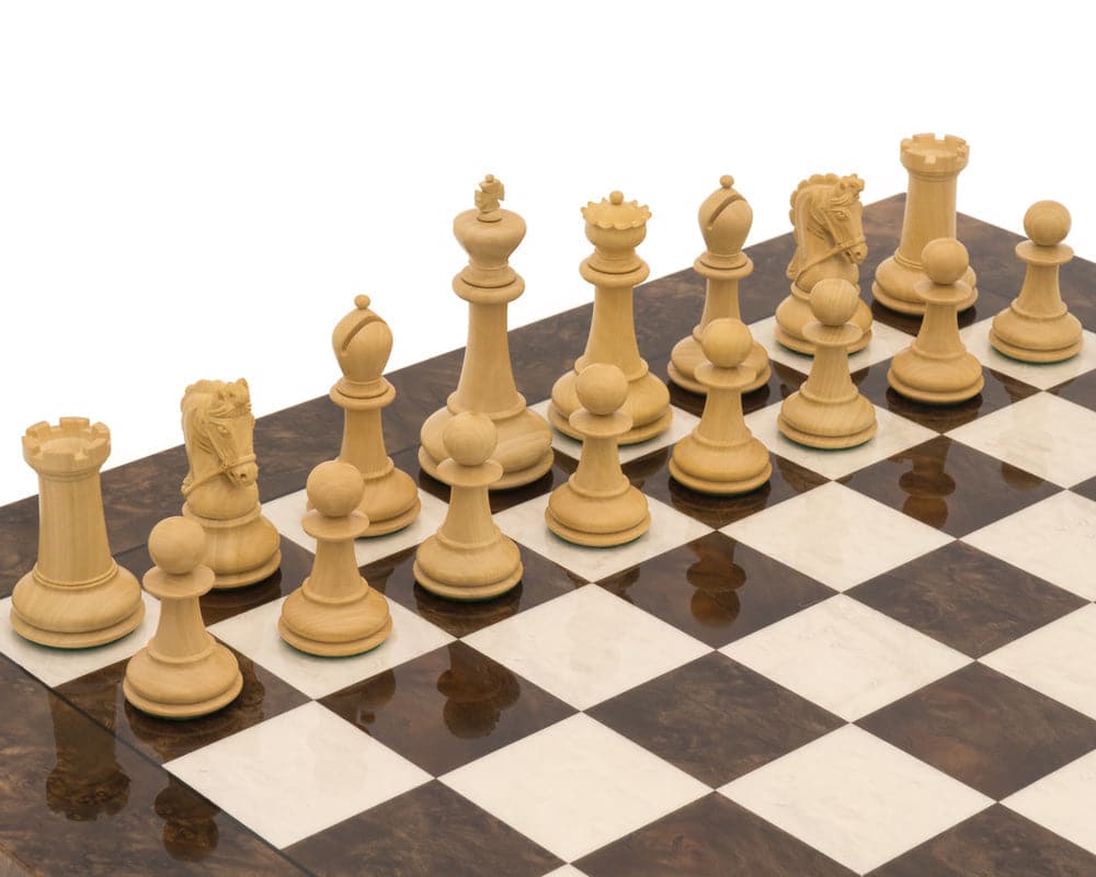 The Monarch Ebony And Walnut Grand Luxury Chess Set with handcrafted chess pieces on a high-quality chessboard.