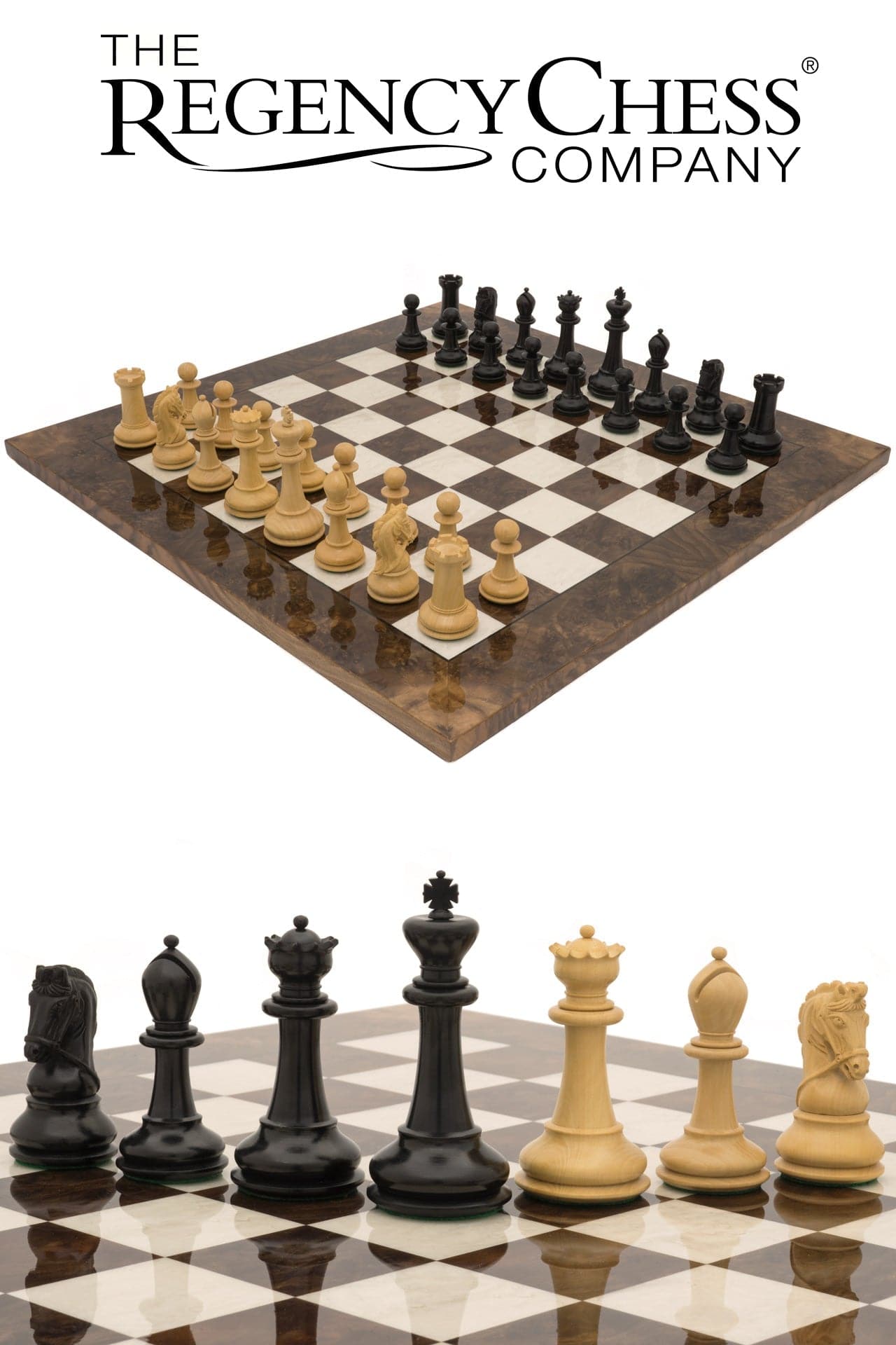 The Monarch Ebony and Walnut Grand Luxury Chess Set by The Regency Chess Company, featuring beautifully crafted pieces and board.