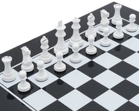 Monochrome Luxury Chess Set by Italfama featuring white chessmen on a black and white chessboard with superb detail and quality craftsmanship