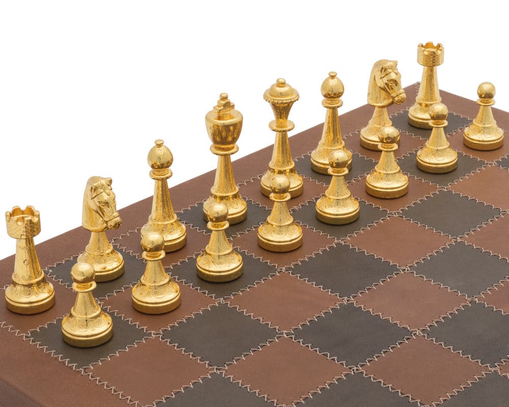 The Messina Gold Italian Leather Luxury Chess Set on Brown and Black Board