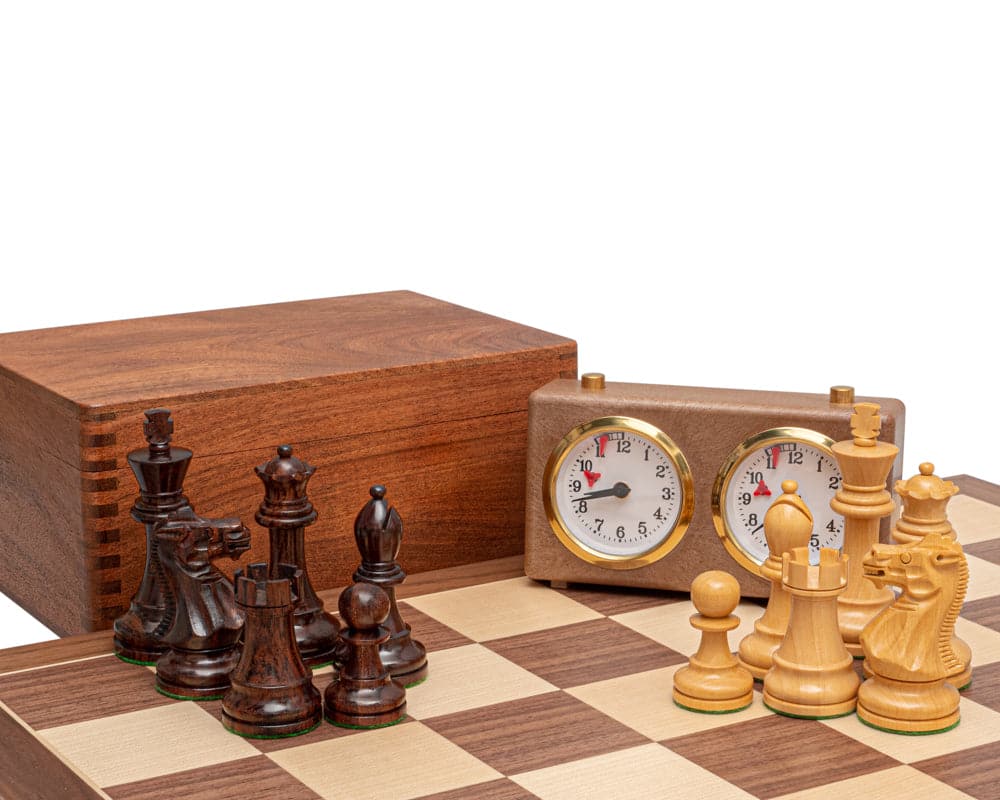 Rosewood and walnut deluxe Staunton chess set with analog clock, handcrafted wooden pieces, wooden case, and large tournament-style board.