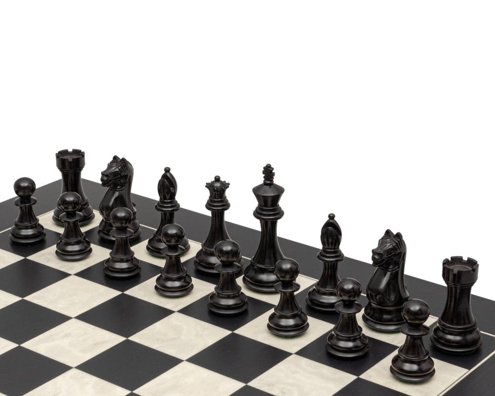The Fierce Knight Black and Maple Chess Set with 21.7 inch deluxe board, 4 inch ebonised boxwood king pieces, 2.17 inch playing squares.