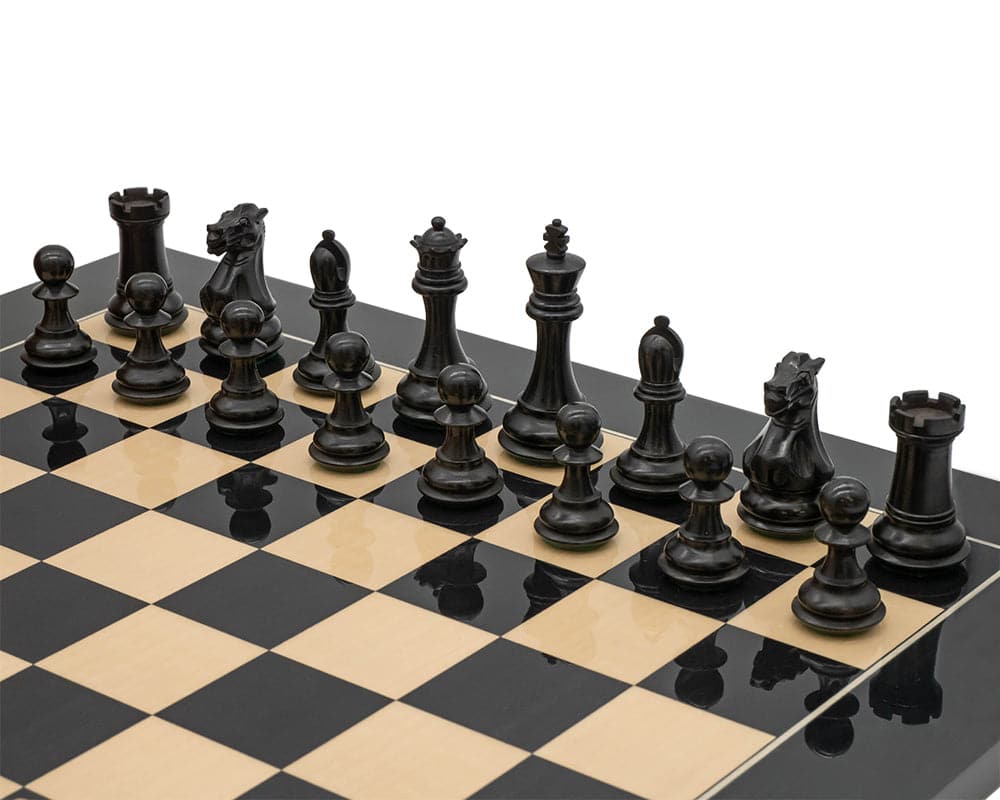 Luxury Staunton competition chess set with black pieces on chessboard.