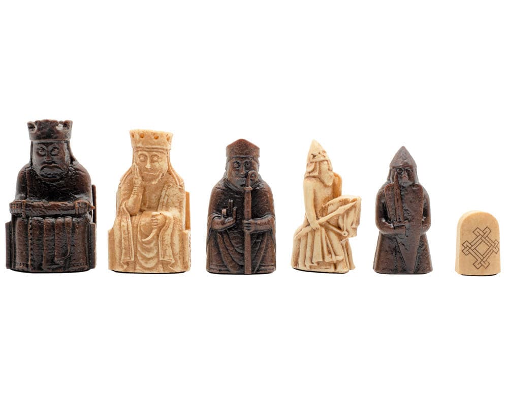 Isle of Lewis Chessmen, handcrafted with superb detail and perfect balance, featuring 3 inch king, displayed on 17-18 inch board.
